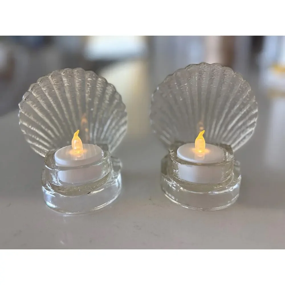 Vintage Clear Glass Scallop Shell Tealight Candle Holders Coastal Decor Pair